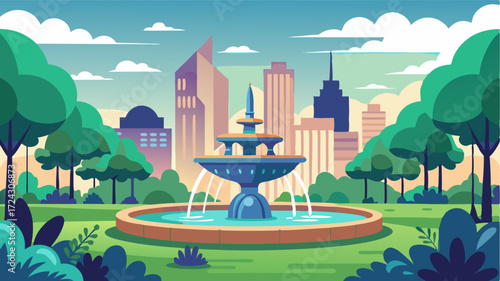 A tranquil retreat in the heart of the concrete jungle complete with a majestic fountain surrounded by lush greenery.