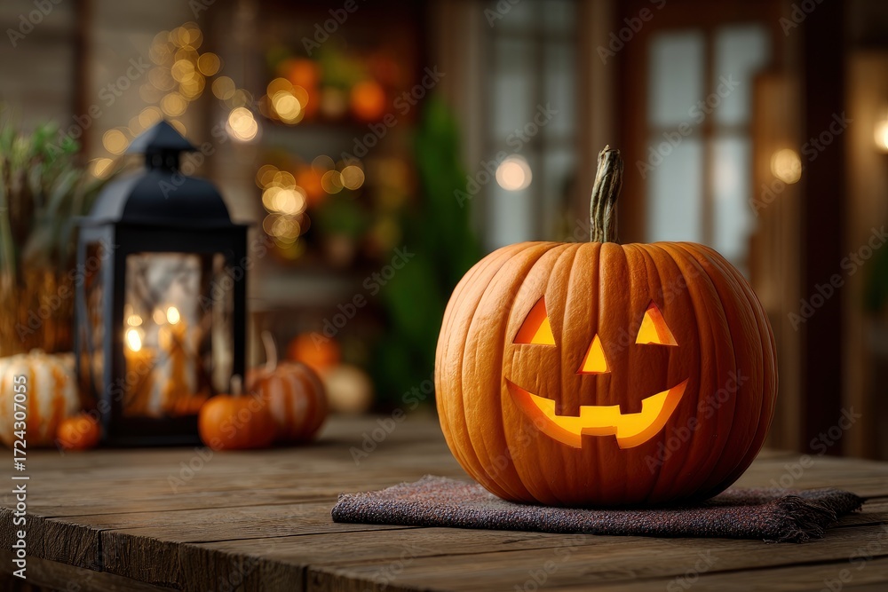 Fototapeta premium Lit jackolantern sits on a cloth atop a rustic wood table