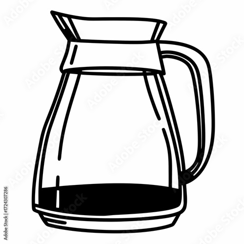 Transparent glass pitcher filled with dark liquid on white background  