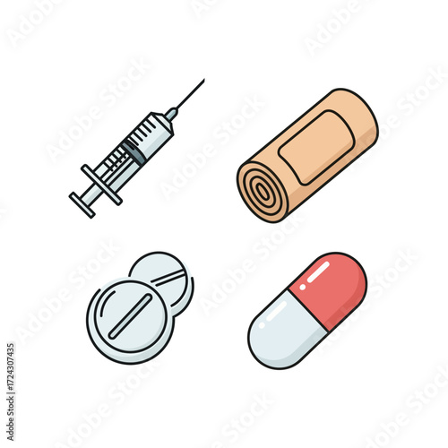 Medical supplies icons: syringe, bandage, pills, capsule.