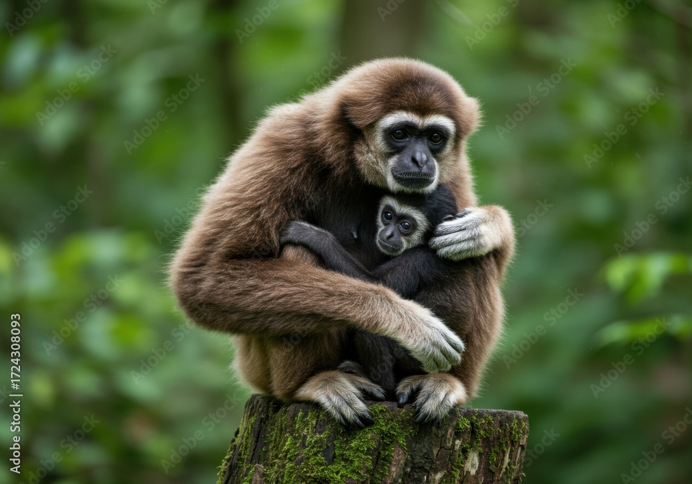 Fototapeta premium Mother Gibbon Hugging Baby in Natural Habitat