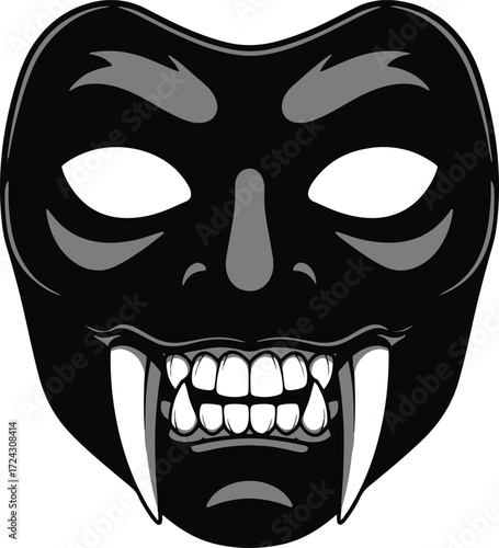 Close-up view of a pixel art representation of an oni mask. The mask is predominantly black with stark white eyes and prominent, elongated, ivory-colored fangs. The detailed pixelation creates a disti