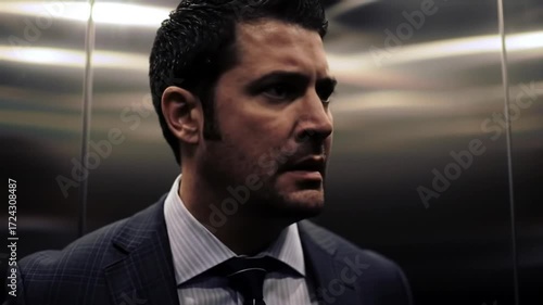 Worried businessman stuck in the lift