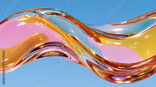 Abstract glossy fluid wave in pink, orange, and gold tones on blue background