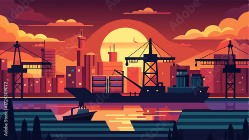As the sun begins to set the industrial port transforms into a mesmerizing display of lights as the cranes are illuminated and the cargo ships are aglow creating an otherworldly