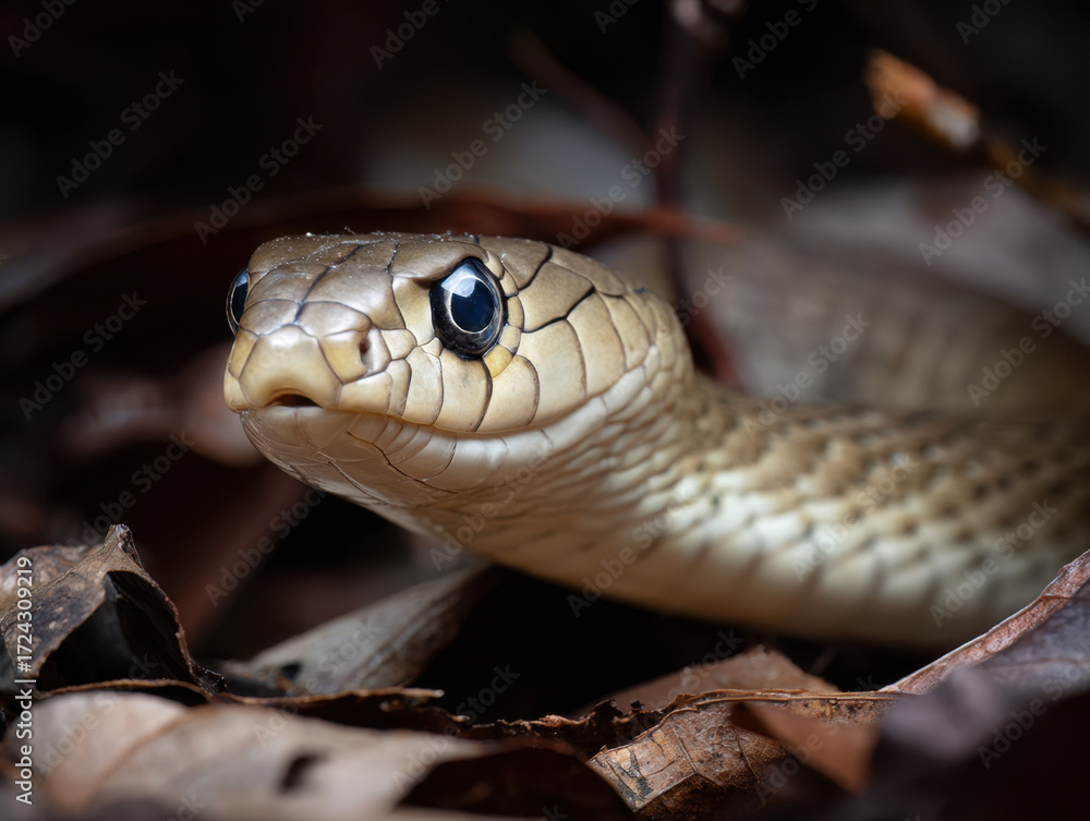Obraz premium Shiny brown snake blending into dry leaves with a focus on its striking blue eyes and textured skin creating a fascinating natural camouflage in the environment.