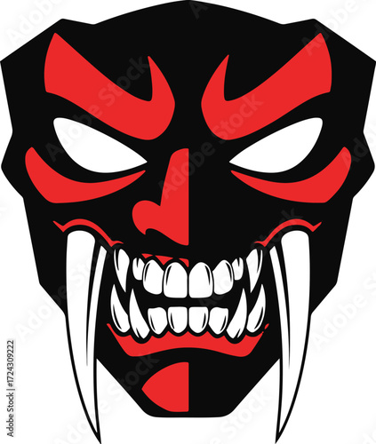 A menacing pixel art depiction of an Oni mask. The mask is primarily red and black, with sharp features, bared fangs dripping, and intense white eyes. 