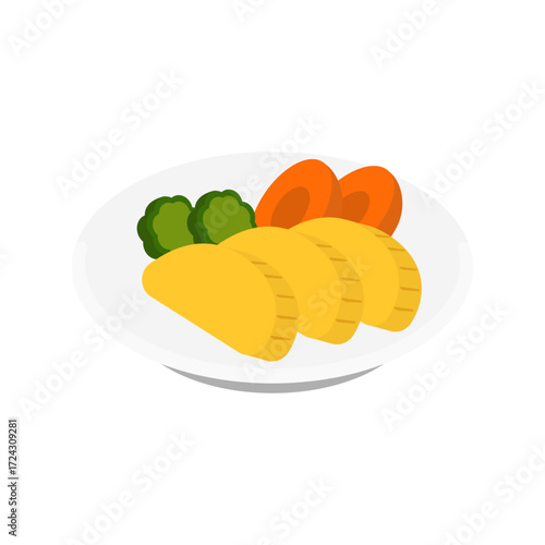 Japanese pickles tsukemono with takuan, carrot and cucumber on white plate - flat vector illustration, Japanese food icon