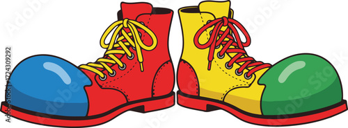 A pair of whimsical clown shoes, rendered in a pixel art style, are presented against a white backdrop. One shoe is red and blue, the other yellow and green
