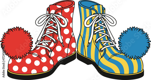 A pair of whimsical clown shoes, one red with white polka dots and the other blue and yellow striped, each adorned with a pom-pom. The illustration is vibrant and playful, perfect for circus themes or