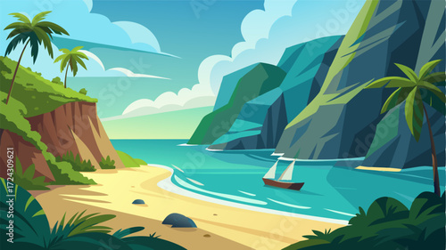 A secluded beach surrounded by towering cliffs and swaying palm trees only accessible by boat or a steep hike.
