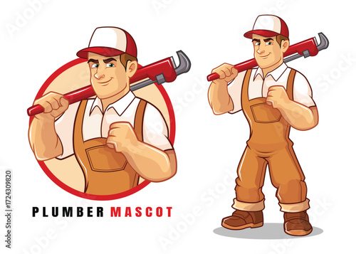 Cartoon Plumber Mascot Icon – Friendly Handyman and Water Pipe Repair Character Illustration