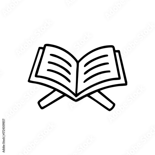 Simple black line drawing of an open book on a stand
