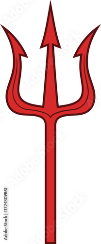 This illustration showcases a pixelated red trident, reminiscent of a devil's pitchfork. The sharp, angular design creates a striking visual effect.