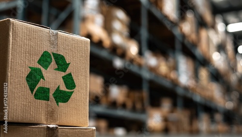 Cardboard box with recycle symbol in a warehouse