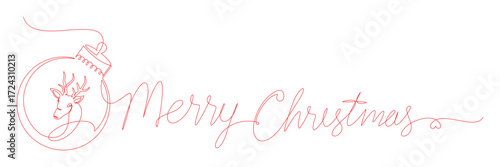 Merry Christmas continuous line drawing. Text connected to Christmas ornament with reindeer head inside. Vector illustration