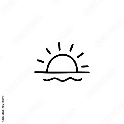 Simple black line drawing of a sunset over water