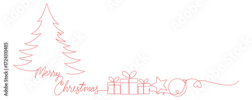 Merry Christmas with a continuous line drawing of a Christmas tree. Text connected to Christmas ornaments. Vector illustration