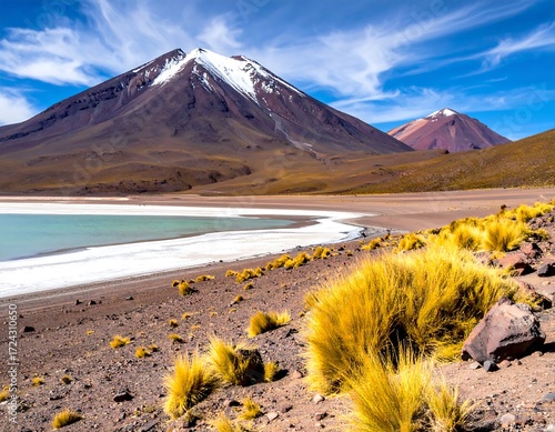 Desert lake, snow-capped peaks