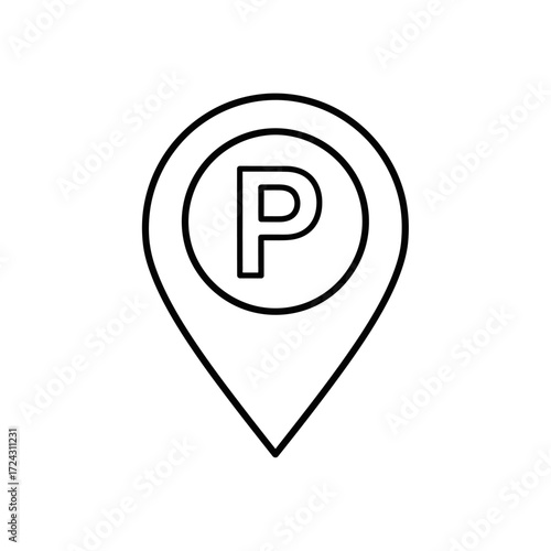 Black and white outline of a parking location marker icon.