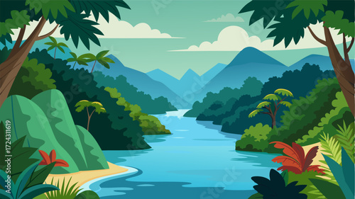 A tranquil river nestled in a lush tropical rainforest complete with exotic flora and fauna.