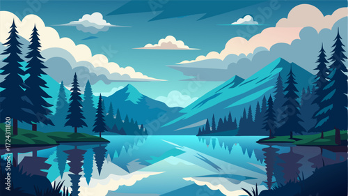 A serene lake nestled within the pine forest reflecting the towering trees and cloudy sky above.