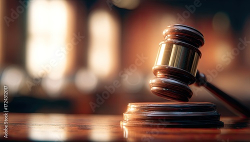 Judge's gavel on wooden stand in sunlit courtroom