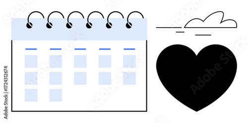Minimalist design of a spiral calendar next to a large heart with simple cloud accents. Ideal for time management, relationships, health, wellness planning, dating, goals, simple flat metaphor