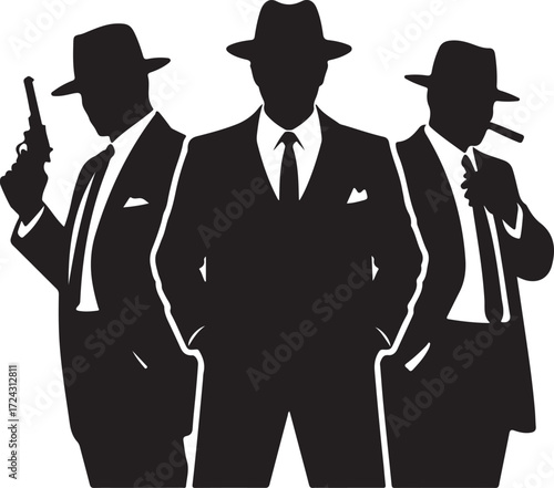 Three black silhouette men in fedora hats and suits one holding a gun another smoking a cigar group gangster