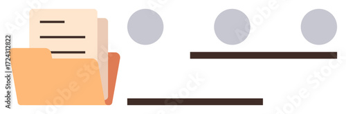 Folder holding documents alongside bullet points and lines. Ideal for organization, task planning, workflow, data sorting, minimalism, document storage, teamwork. Simple flat metaphor