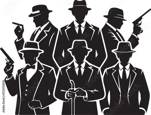 Six black silhouette men in fedoras and suits holding guns and a cigar group gangsters