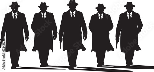 Five black silhouette men in fedoras and trench coats holding handguns group figures