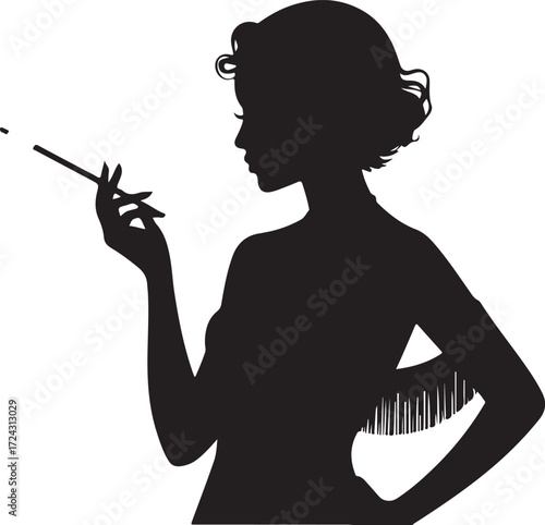 Black silhouette of a woman with a cigarette holder and fringe dress female smoking