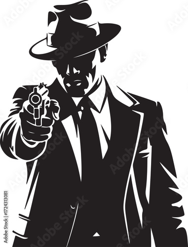 Man in fedora hat and suit pointing a handgun directly at viewer pistol weapon