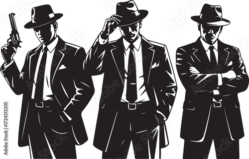Three men in fedoras and suits one holding a pistol two with arms crossed or adjusting hat vector