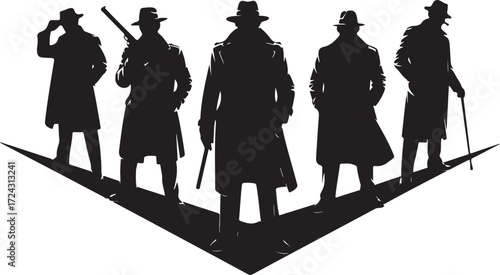 Five silhouette men in fedoras and trench coats standing in a V formation one holding a rifle another a cane