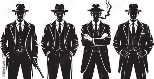 Four black silhouette men in fedora hats and suits with one holding a gun and another smoking a cigar