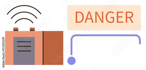 Alarm device emitting signal waves paired with bold Danger text. Ideal for safety, warning, alert, emergency, risk, hazard communication, and cautionary messaging. Simple flat metaphor