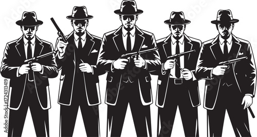 Five men in suits and fedoras holding handguns in a graphic illustration style gangster mafia
