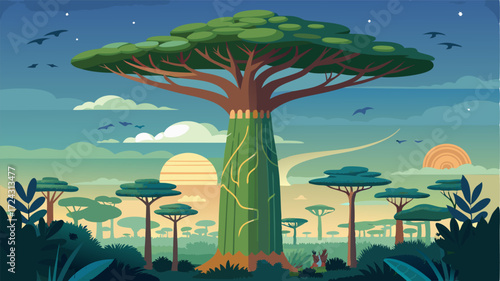 In the heart of the rainforest a massive kapok tree stands tall with its branches reaching towards the sky providing a habitat for a diverse array of creatures.
