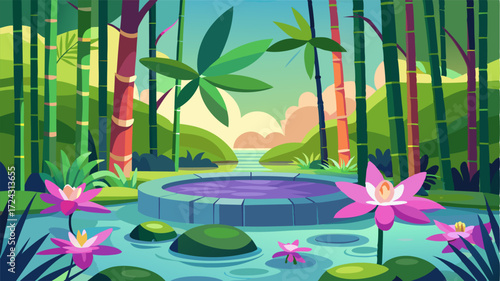 A tranquil sanctuary of glistening ponds and towering bamboo surrounded by vibrant orchids and delicate ferns.