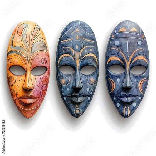Colombian Cumbia Masks, watercolor vector, isolated on a white background.