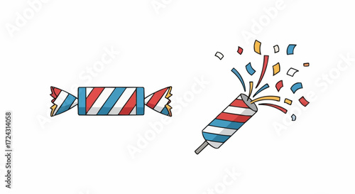 Christmas 2025 illustration of party popper and wrapped candy with red white and blue stripes for celebration theme vector