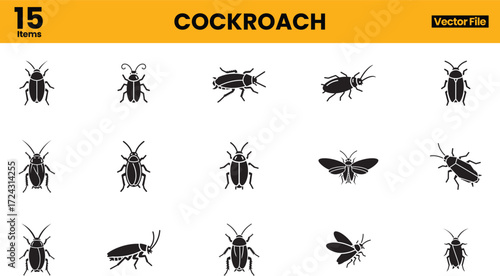 Set of 15 black cockroach silhouette icons displaying various insect postures and design variations in vector illustrations