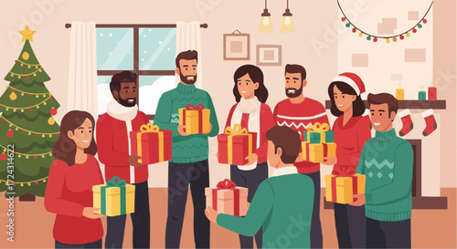 Christmas 2025 christmas holiday party with friends and family exchanging gifts near christmas tree and fireplace indoors vector