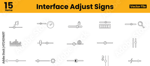 Professional collection of 15 adjustment icons depicting sliders, knobs, and interface signs for digital settings and software controls
