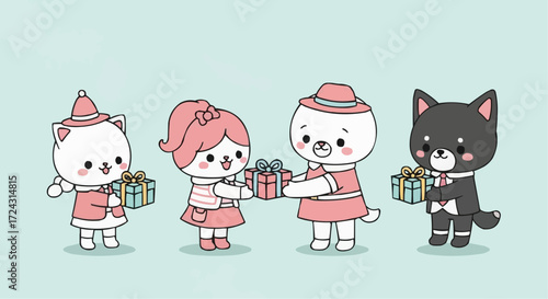 Christmas 2025 cute cartoon animals exchanging gifts vector illustration for christmas holiday celebration and birthday party vector