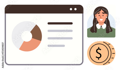 Pie chart, text details, smiling professional woman, and coin symbolizing financial analysis, business data, accounting, teamwork, budgeting, career growth and profit evaluation in a simple flat