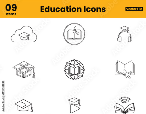 Professional education icons featuring graduation caps, books, Wi-Fi learning, headphones, and academic symbols