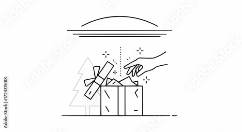 Christmas 2025 hand opening christmas gift box present under festive lights with christmas tree decoration vector design vector